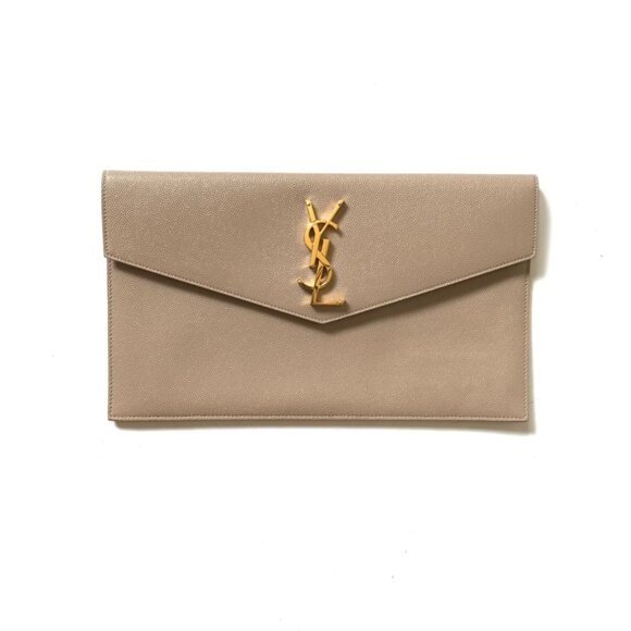 Saint Laurent YSL Uptown Bag Purse Clutch Pouch Womens Leather Beige Envelope - Picture 1 of 12